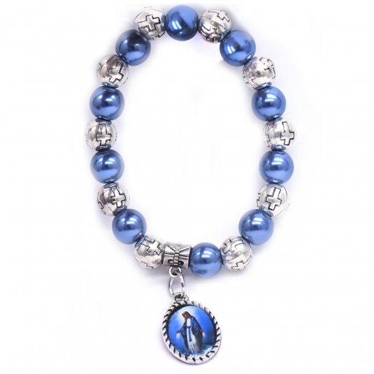 Perlový náramok s medailou Zázračnej Panny Márie modrý